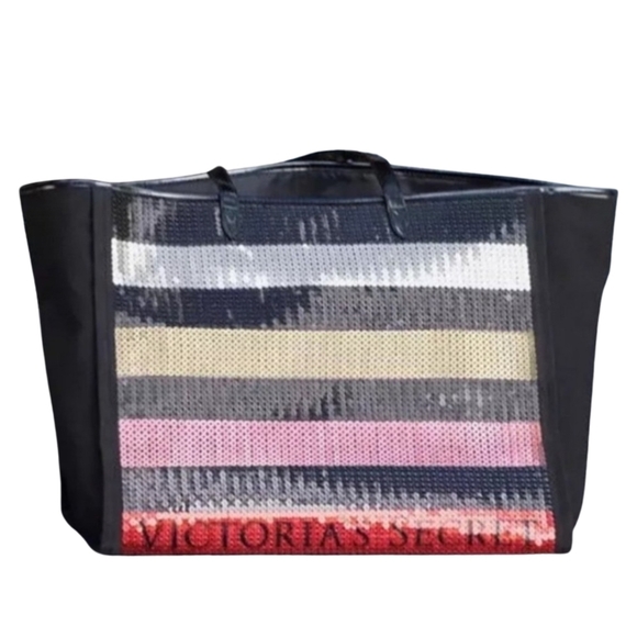 Victorias Secret Large Black Weekender Tote Sequins Striped Travel Shoulder Bag - Picture 1 of 16